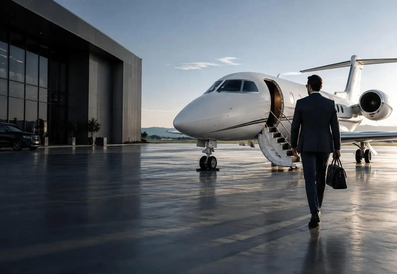 Traveler boarding a private jet at a modern terminal