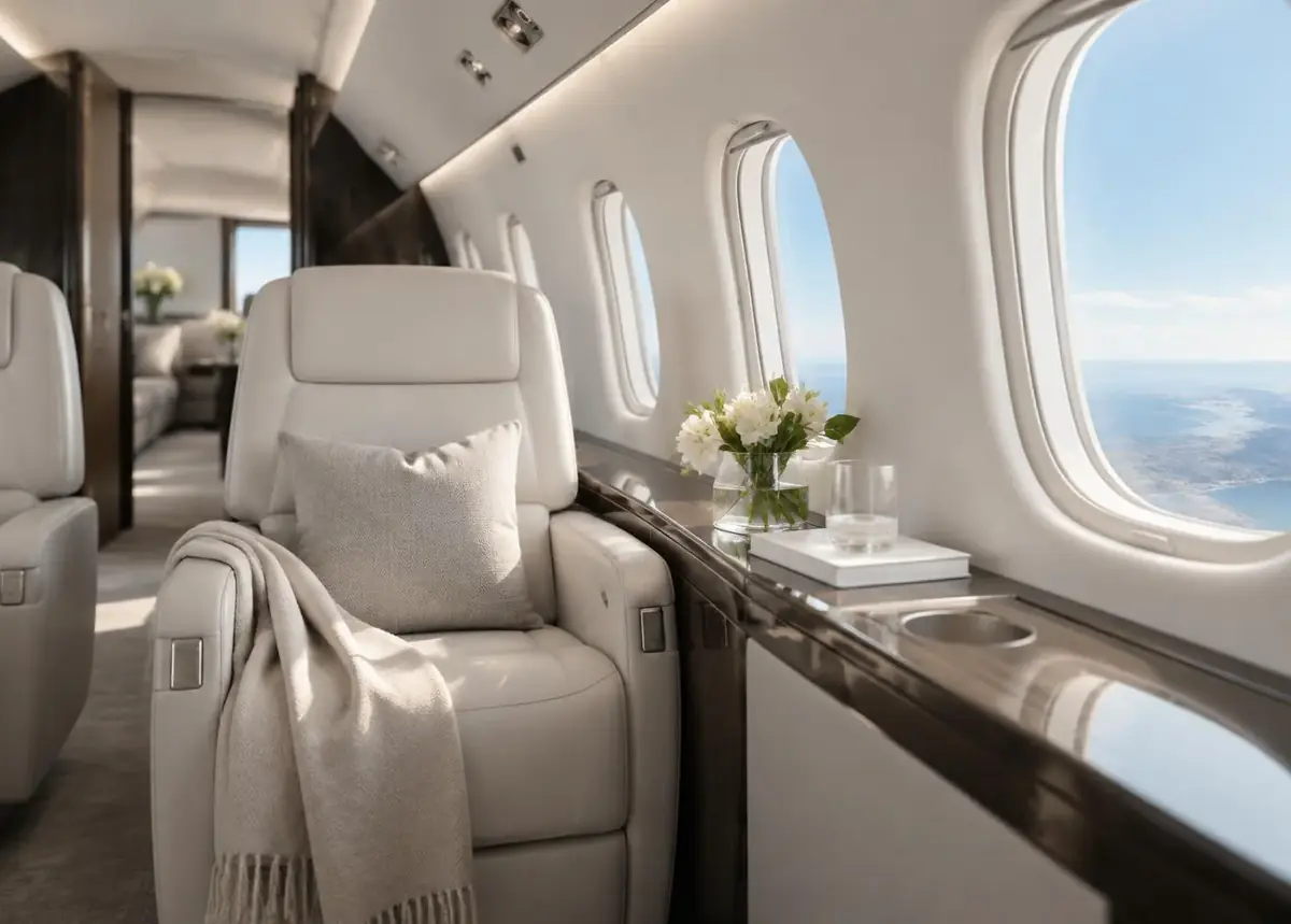 Bright contemporary private jet cabin